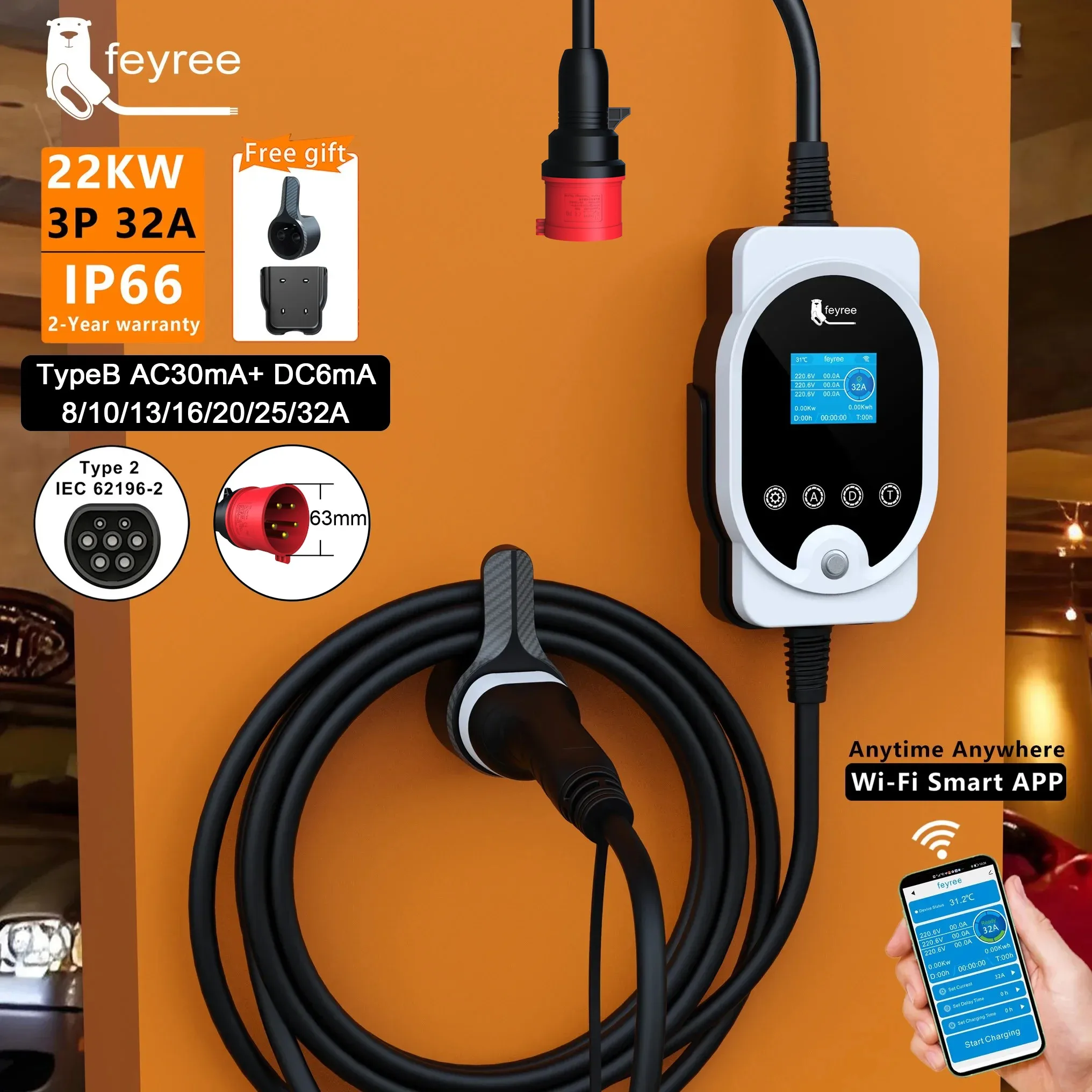 Feyree 22KW Type2 Cable EVSE W - Ev Charger Type 2 22Kw 32A 3 Phase 评论和价格
